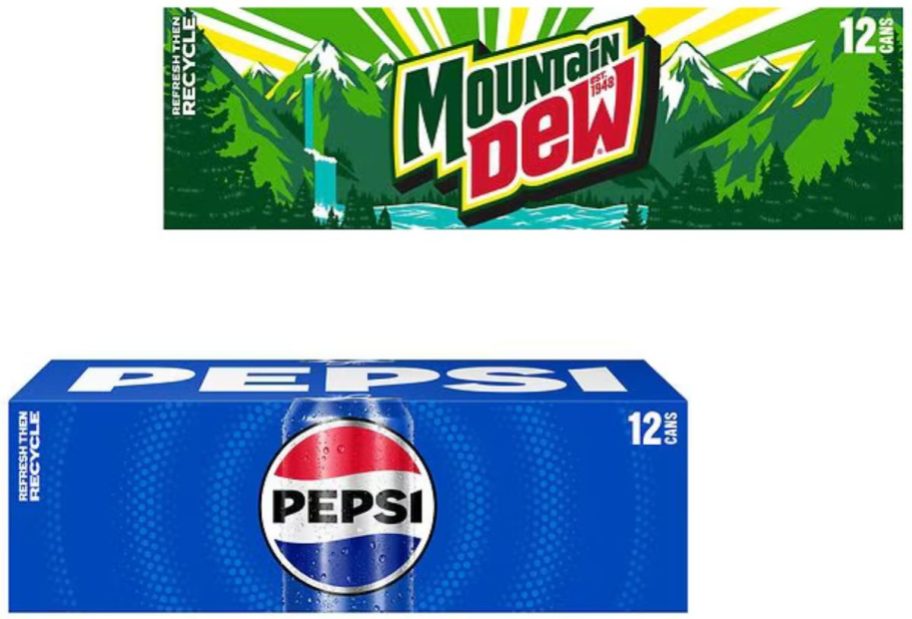 Stock images of 12-packs of Pepsi and Mountian Dew