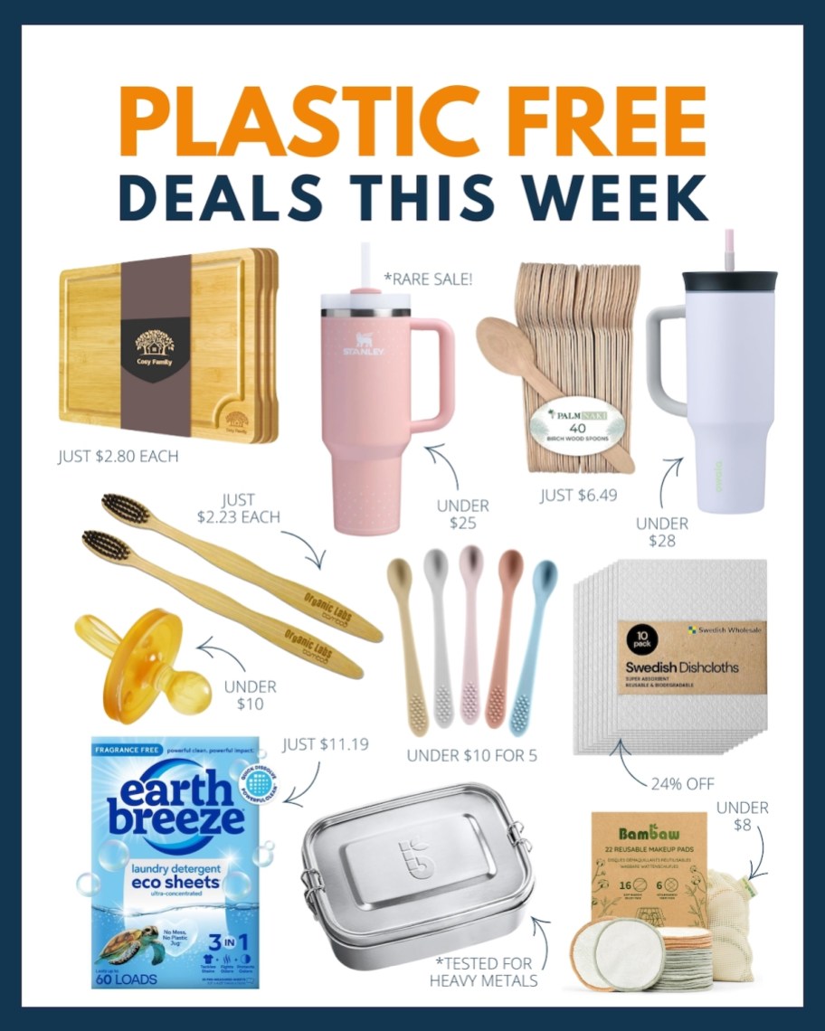 Collage graphic of plastic free deals this week 