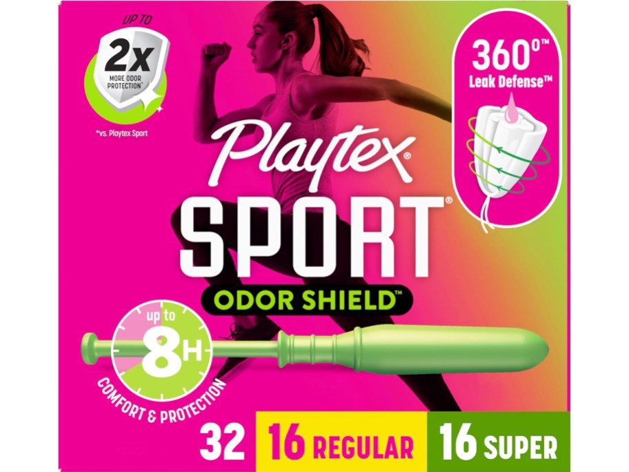 pink box of Playtex Sport Tampons in regular and super absorbency 