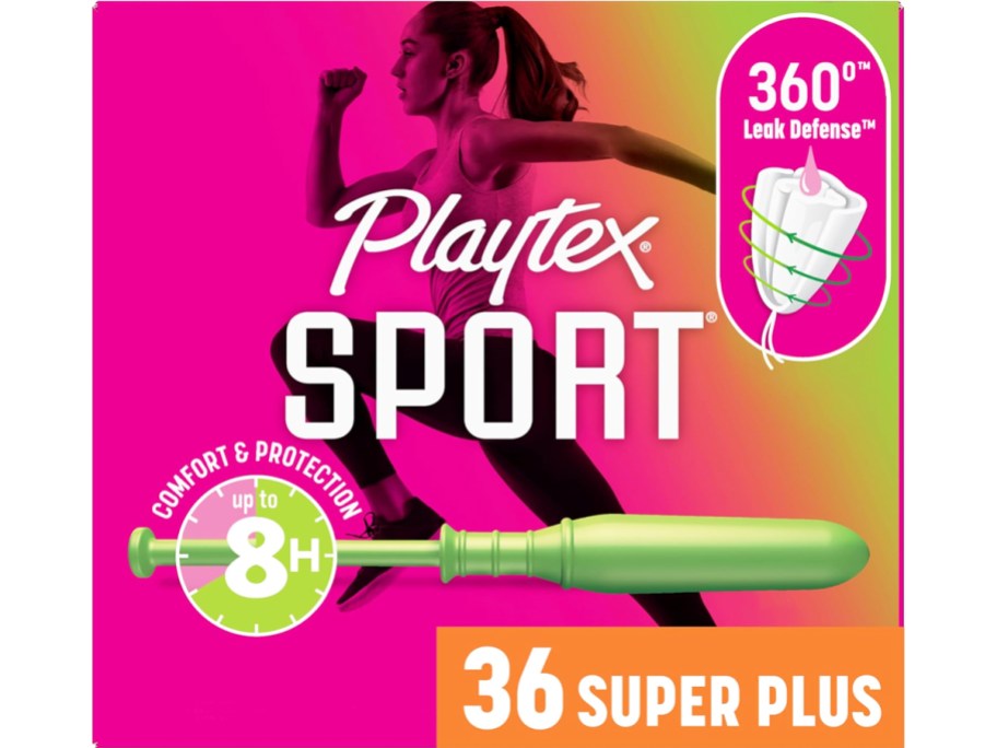 pink box of Playtex Sport Tampons in Super Plus Absorbency