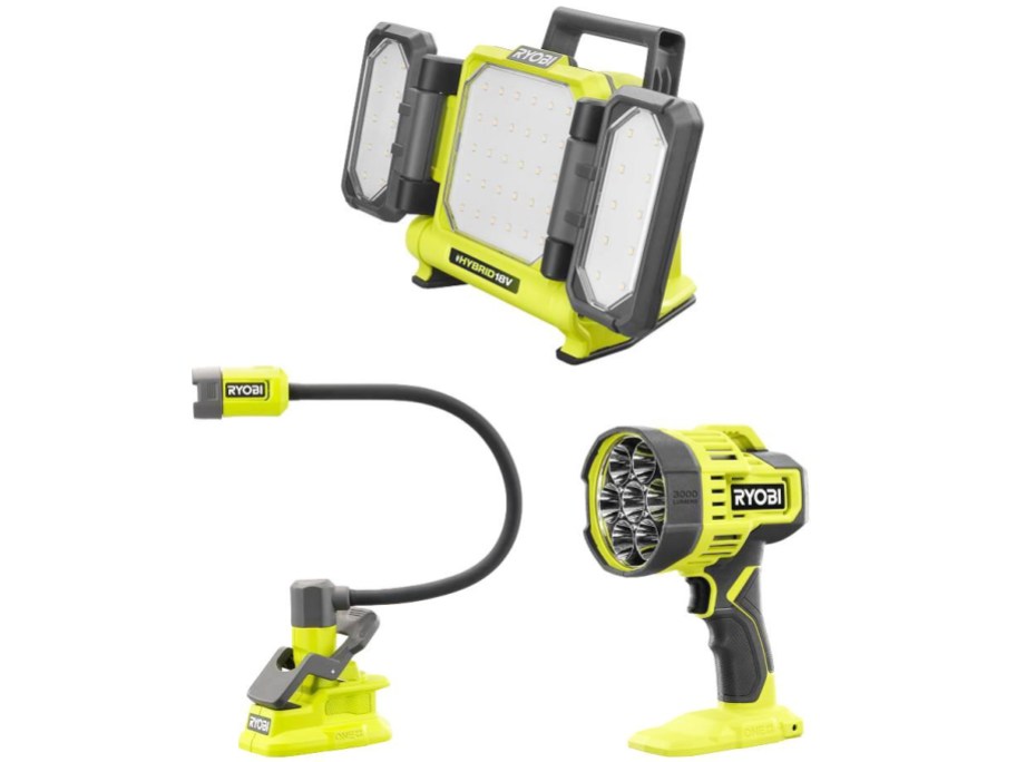 black and green ryobi spotlight, panel light, and clamp light