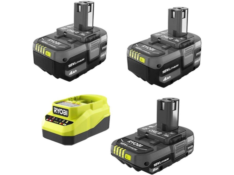 three black batteries and green charger