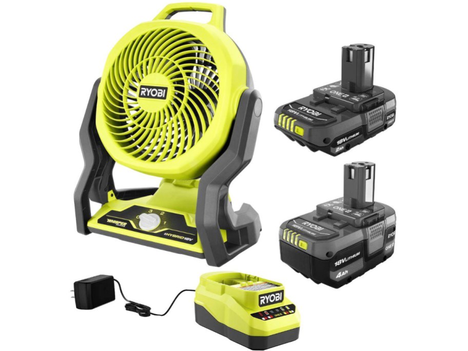green and black fan, two batteries, and charger