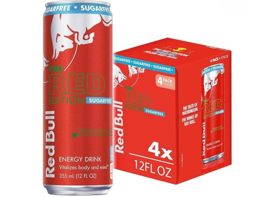 a 4-pack of Red Bull red-colored cans 