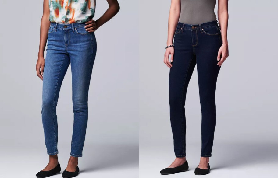 two women in medium and super dark wash skinny jeans