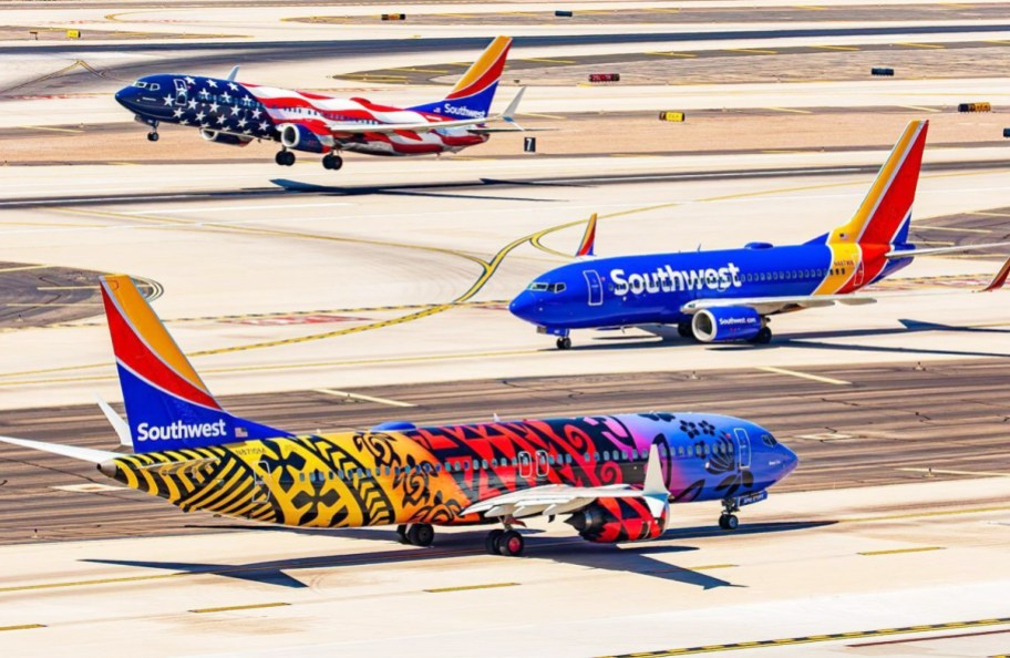 three Southwest Airlines planes on runway