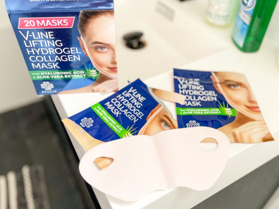 Stylia chin masks and box on bathroom counter