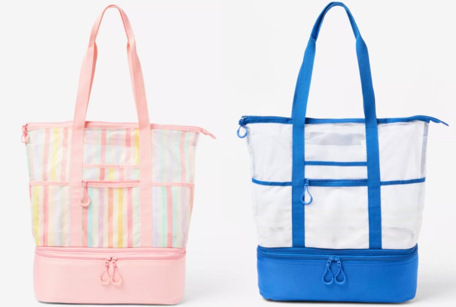 pink and blue mesh tote bags with zippered bottoms