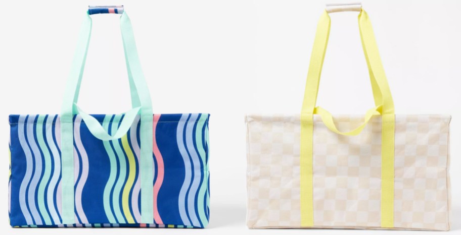 navy waves and tan checkered print tote bags