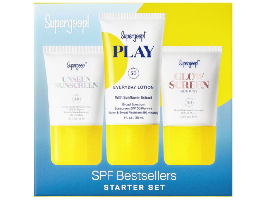 Supergoop sunscreen products with a blue background
