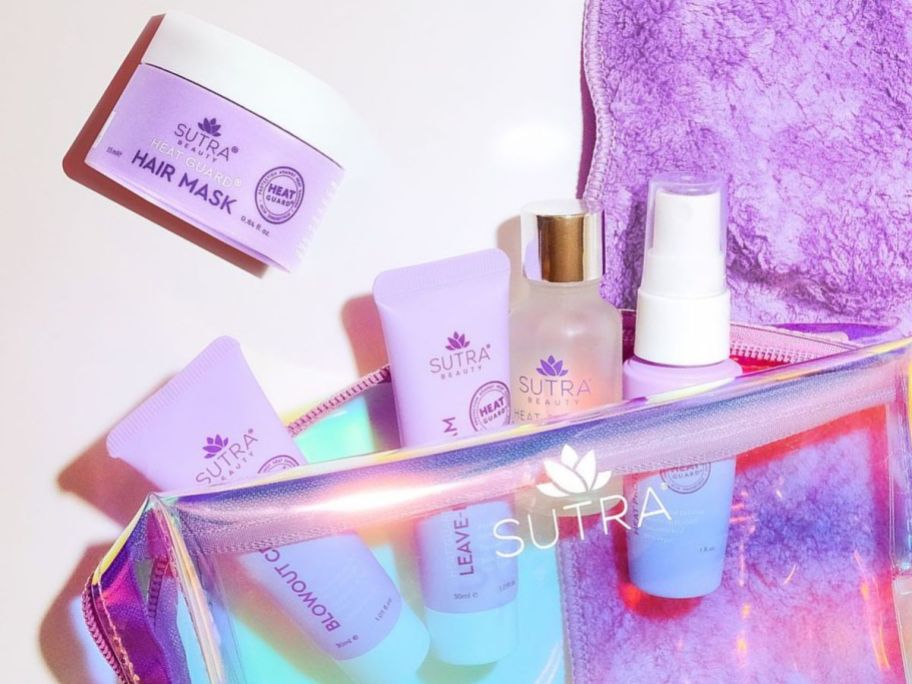 A Sutra beauty clear makeup bag with 5 sutra beauty hair care products