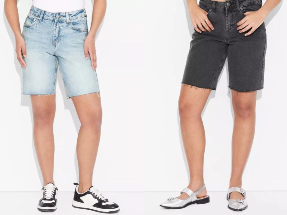 Stock images of two women wearing Wild Fable Women's Mid-Rise EasyRigid Cut-Off Jorts