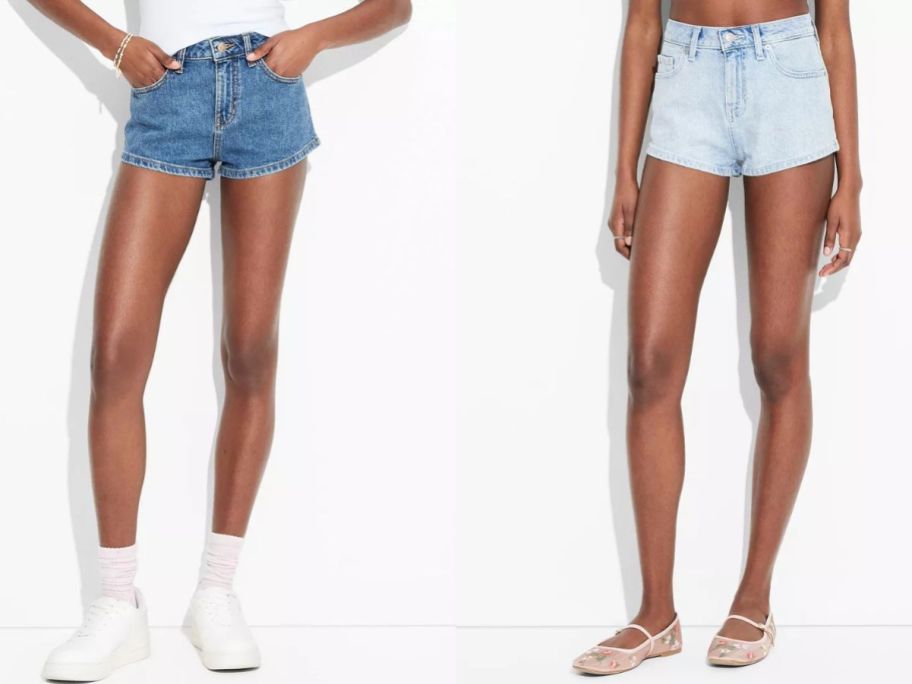 Stock images of two women wearing Wild Fable Women's High-Rise Micro Denim Shorts
