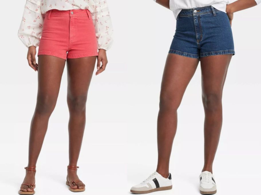 Stock images of two women wearing Universal Thread Women's High-Rise Sailor Jean Shorts