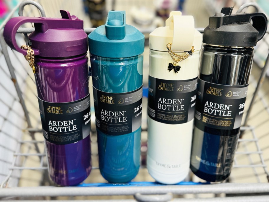 4 colorful stainless steel water bottles in shopping cart