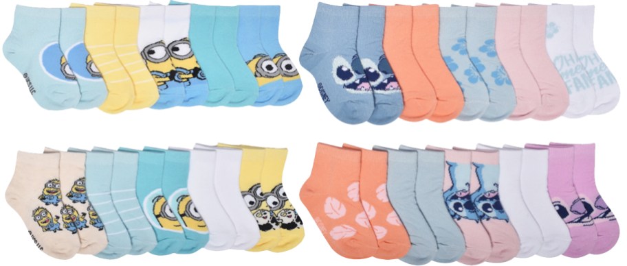 sets of socks in minions and stitch prints