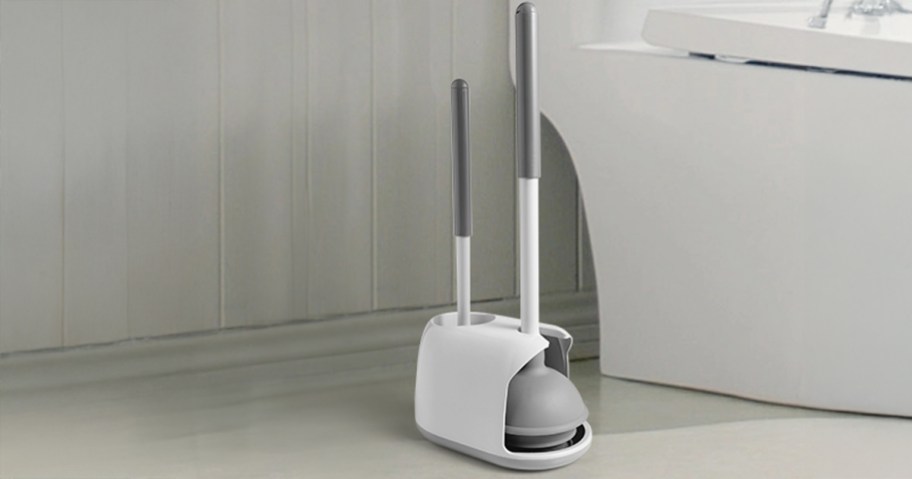 Toilet Brush and Plunger Set sitting next to a toilet in the bathroom