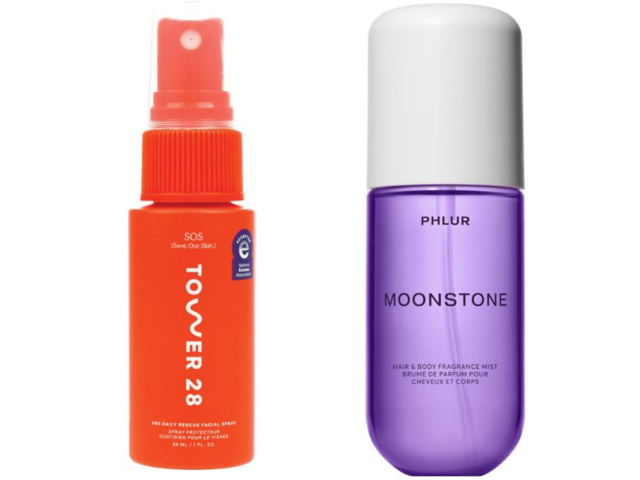An orange spray bottle and a purple spray bottle