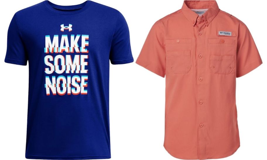 a blue under armour graphic tee shown with an orange button down shirt