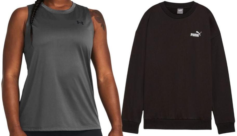 a woman in a gray tank top shown with a black crewneck sweatshirt