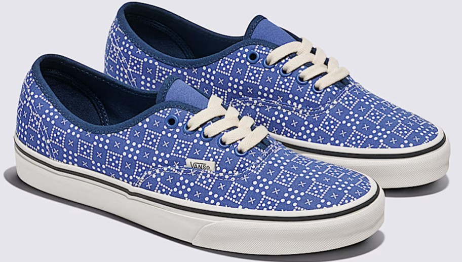 pair of blue and white checkered sneakers