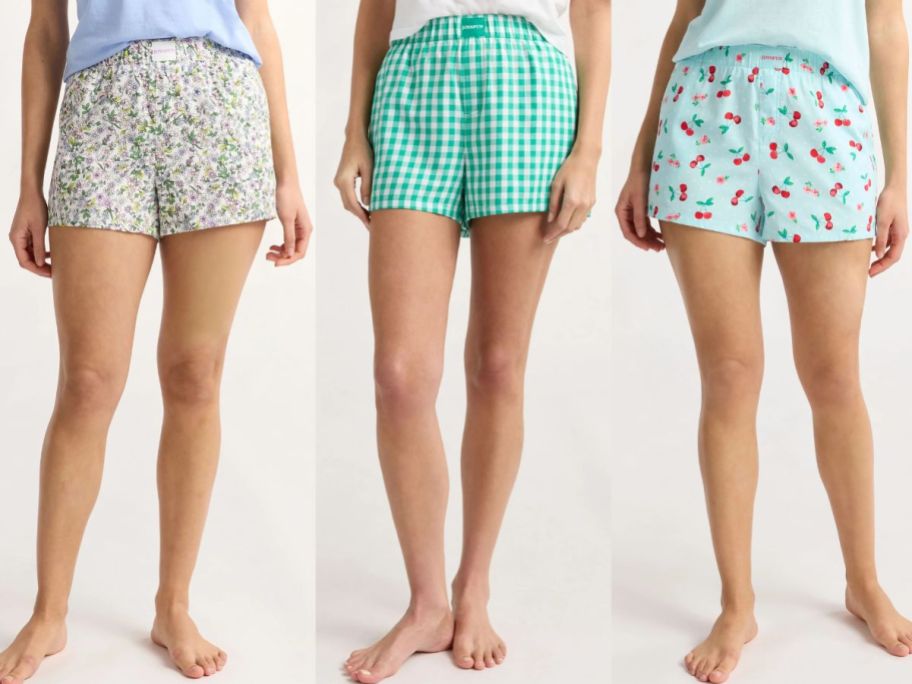 Stock images of 3 women's lower bodies wearing Joyspun boxer sleep shorts