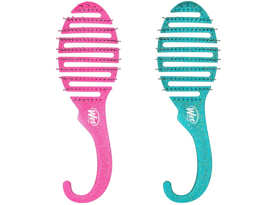 glittery pink and teal hair brushes with shower hooks
