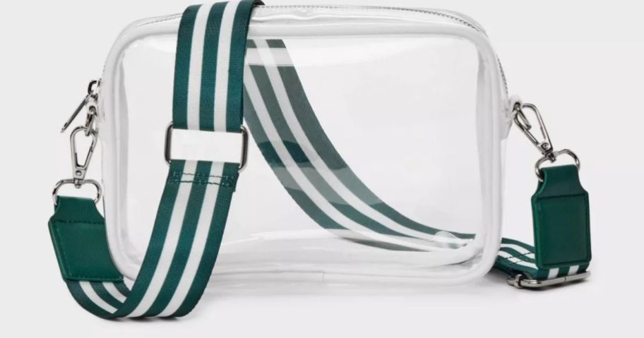 A clear belt bag with a green stripe