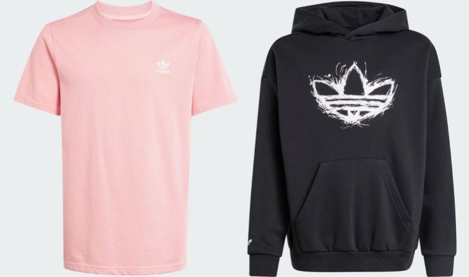 pink kids tee and black hoodie