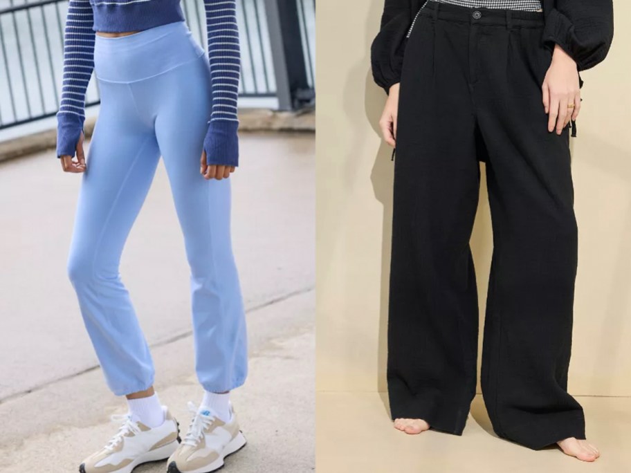 two women wearing blue and black pants
