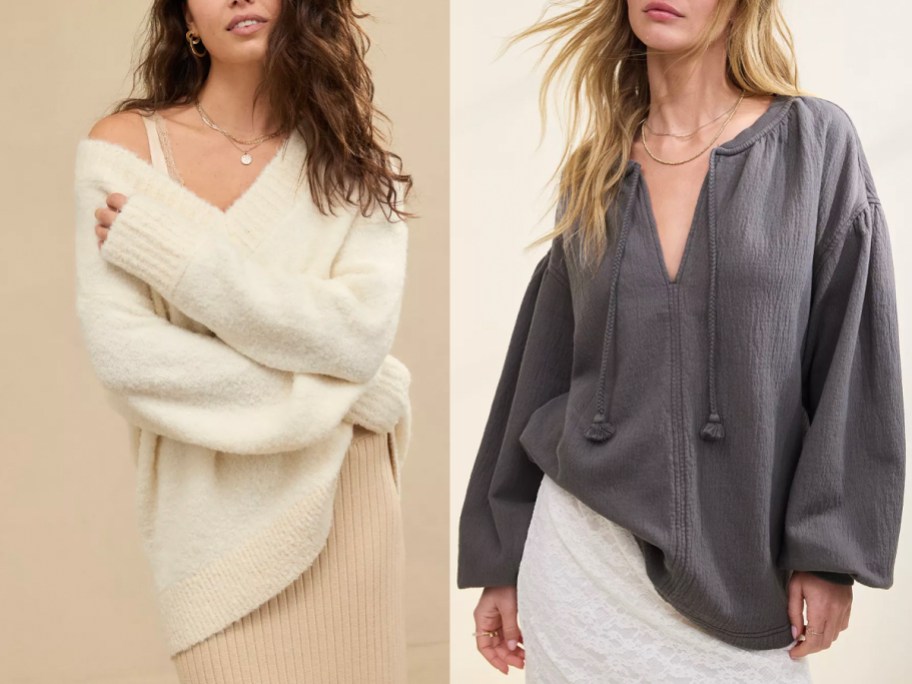 two women wearing tan and gray sweaters 