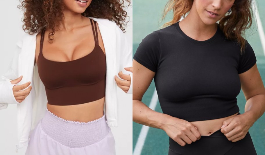 two women wearing sports bra and black tee