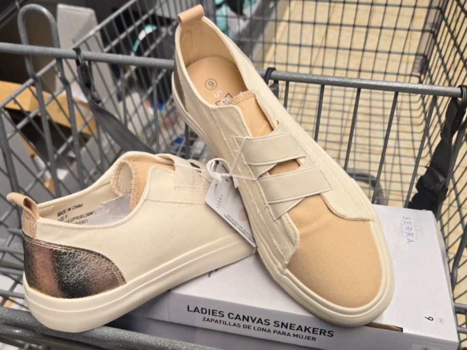canvas sneakers on box in shopping cart 