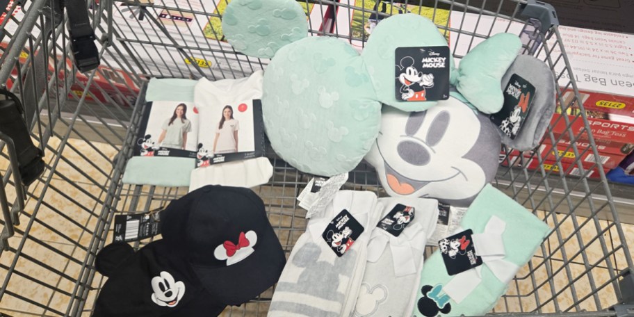 disney hat, shirt, pillow, and hand towels in shopping cart 