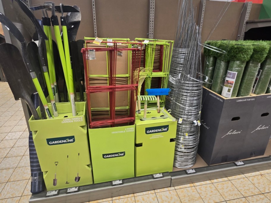 garden tools on display in aldis store