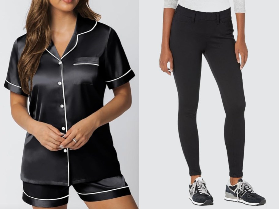 silk pajamas and black leggings