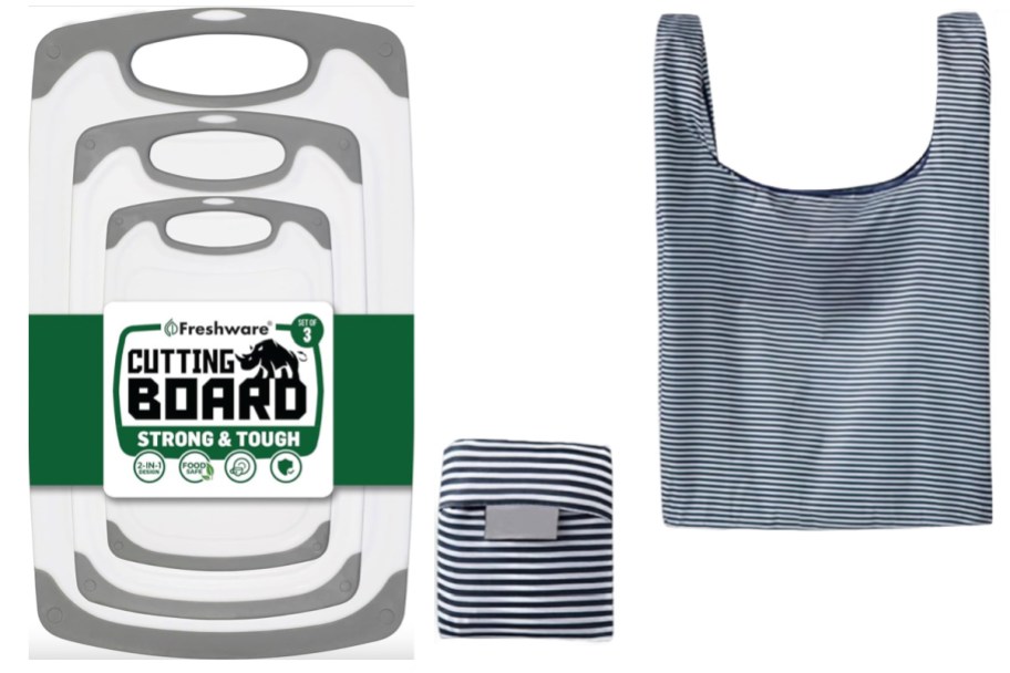 cutting boards 3 pack and foldable striped tote
