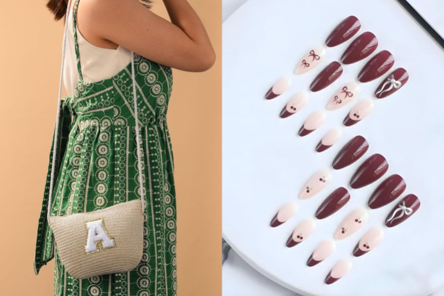 straww crossbody with letter and press on nails with bows