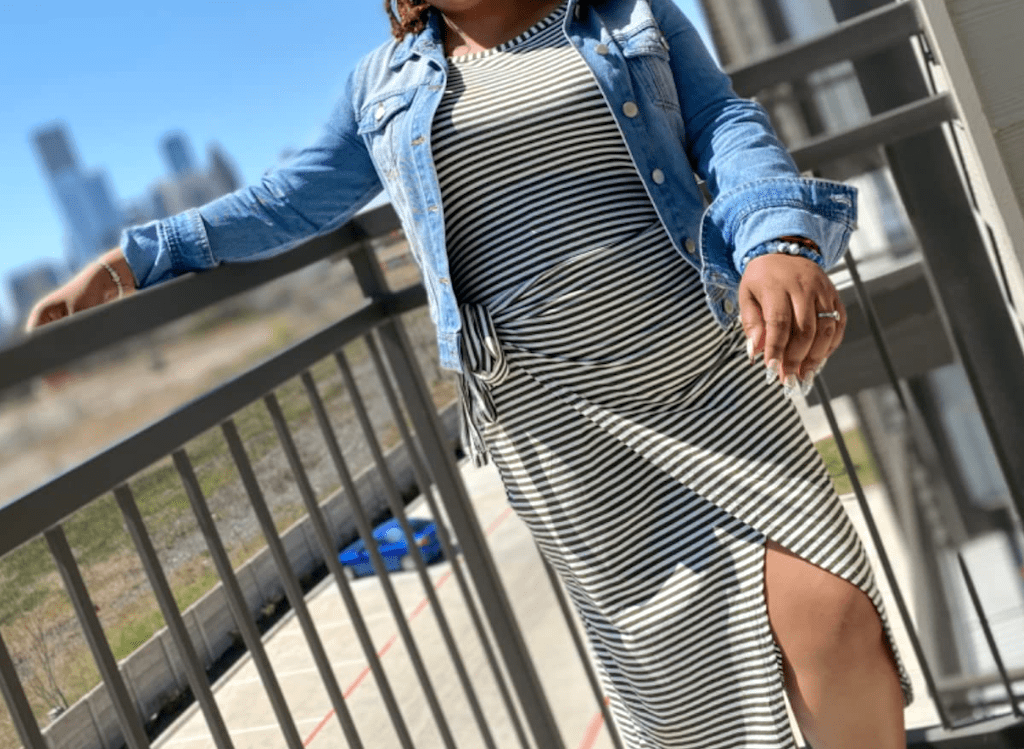 woman wearing amazon strip dress 