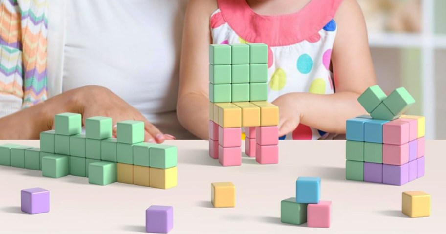 mother and child with stacking magnetic blocks set