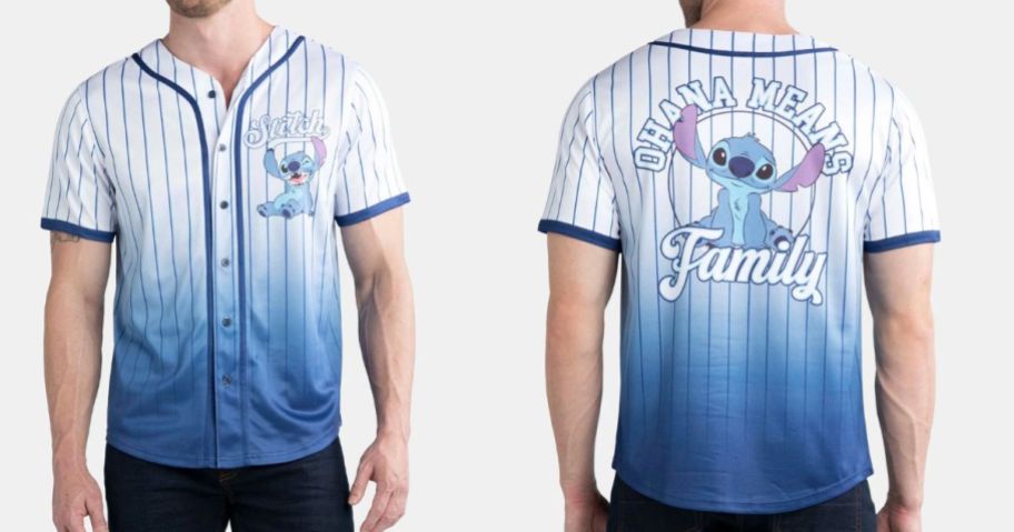 man wearing blue and white Disney Stitch Men's Graphic Baseball Jersey