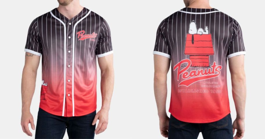 man wearing black and red Peanuts Men's Snoopy Graphic Baseball Jersey