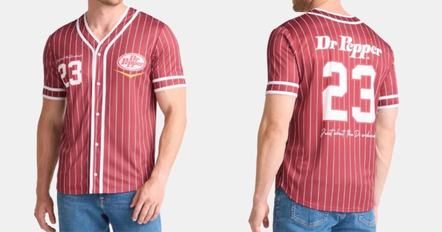 man wearing red and white striped Dr. Pepper Men's Graphic Baseball Jersey
