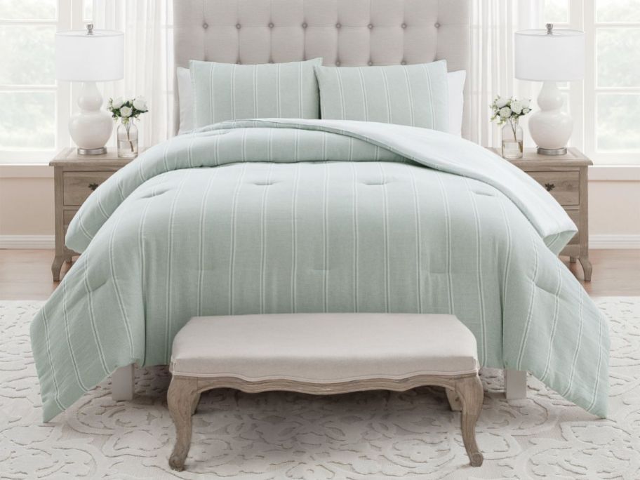 light green My Texas House Miray 3-Piece Cotton Jacquard Comforter Set on bed in bedroom