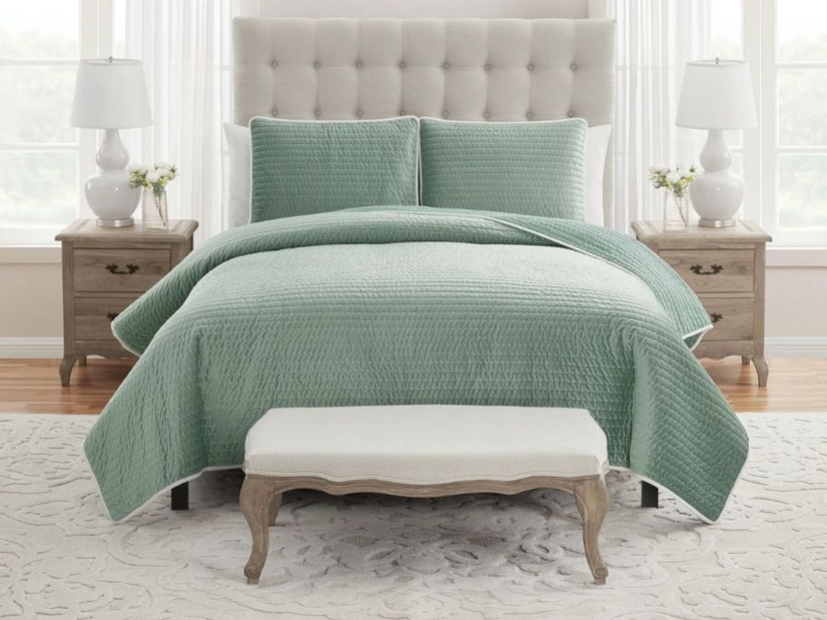 green My Texas House Quinn 3-Piece Velvet Quilt Set on bed in bedroom