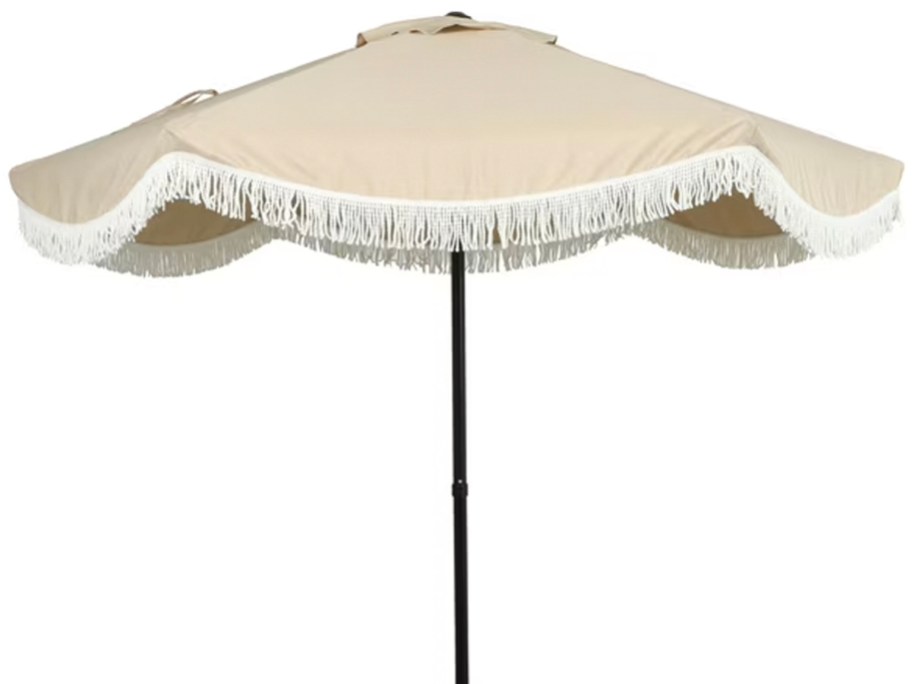 tan fringe patio umbrella open 