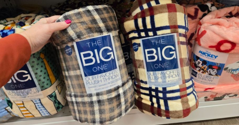 plaid big one throw blankets on shelf in store