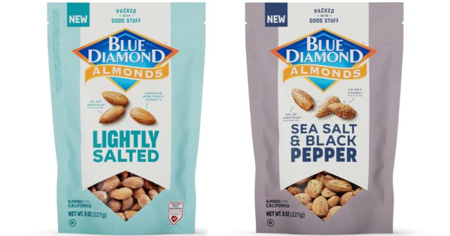 blue diamon almonds lightly salted and sea salt and black pepper bags