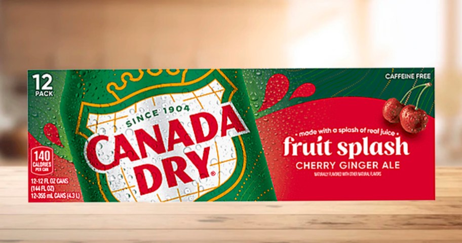 canada dry fruit splash 12 pack sitting on wood countertop