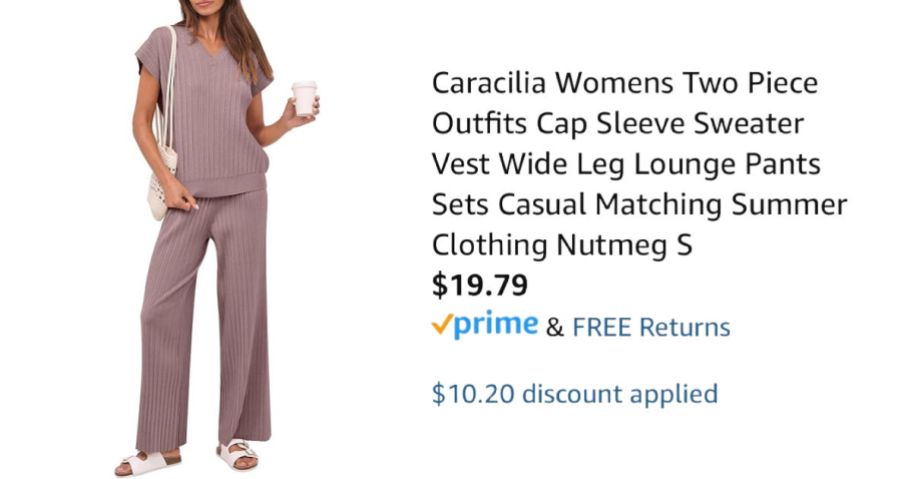 woman wearing purple outfit next to Amazon pricing information